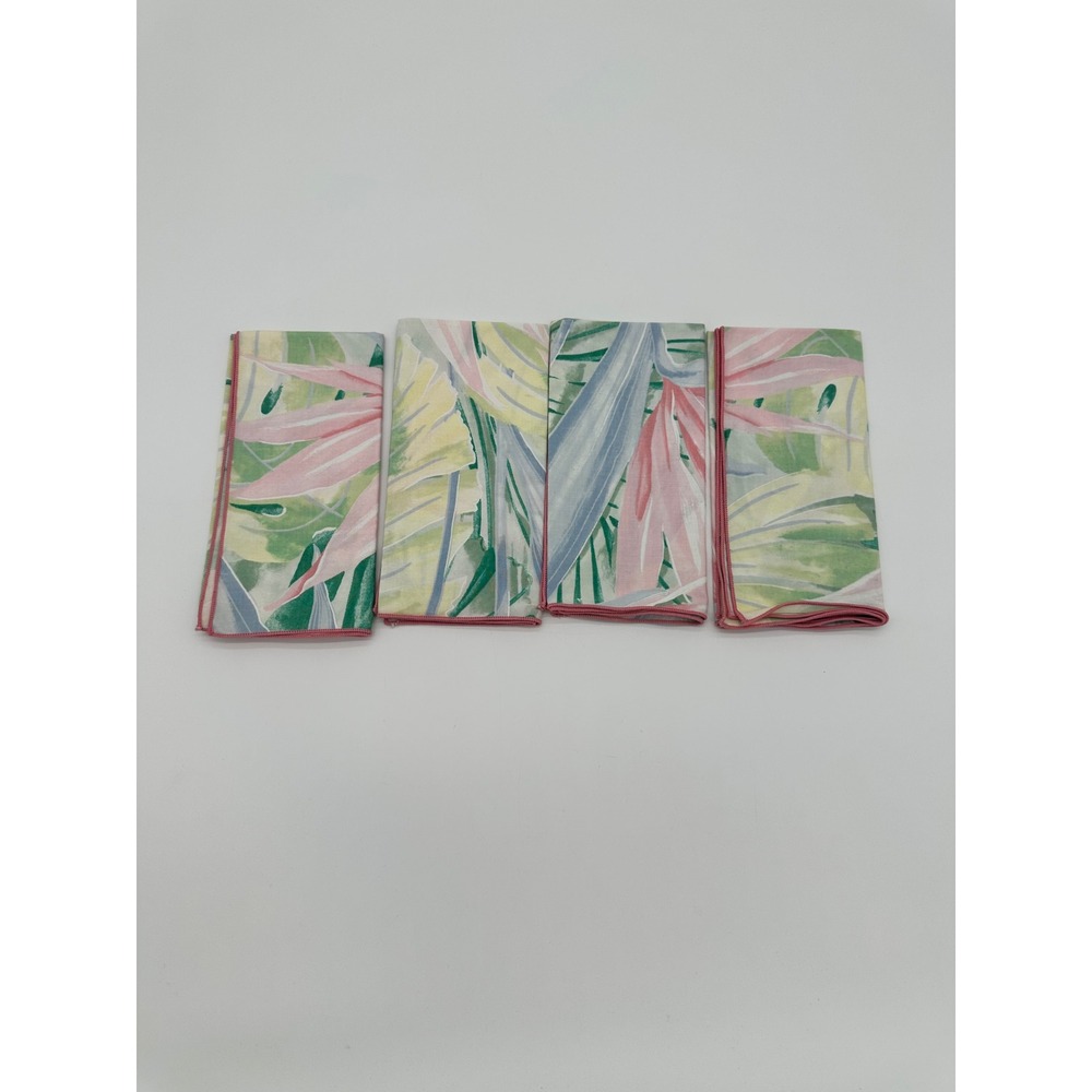 Tropical‎ Palm Leaf Cloth Napkins Set of 4 Coastal Botanical Green Pink 80s VTG